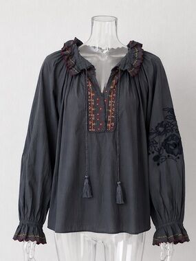 Louise Misha Gillane Embroidered Boho Blouse Charcoal Gray Size 38 NWT